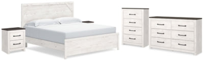 Cama Gerridan King con paneles, cómoda, arcón y dos mesitas de noche