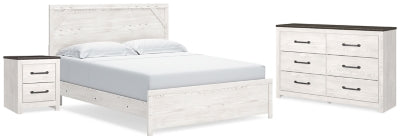 Cama King con paneles, cómoda y mesita de noche Gerridan