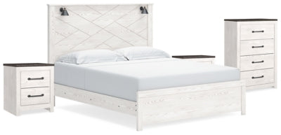 Cama King con paneles Gerridan, cómoda y dos mesitas de noche