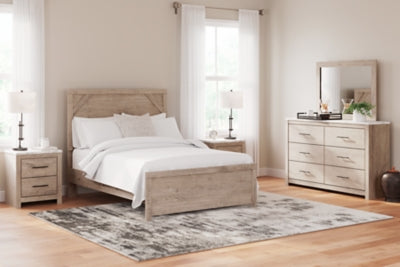 Cama Senniberg con paneles completos, tocador, espejo y mesita de noche