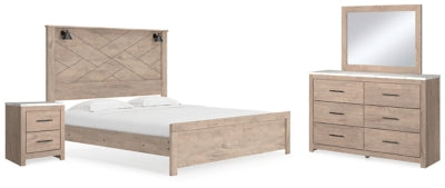 Cama Senniberg King con paneles, tocador, espejo y mesita de noche