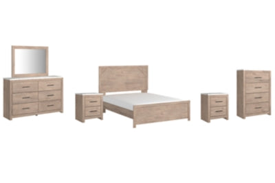 Cama Senniberg Queen con paneles, tocador, espejo, cómoda y dos mesitas de noche