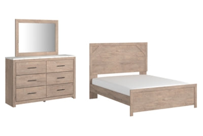 Cama queen con paneles, cómoda y espejo Senniberg