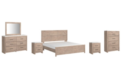 Cama Senniberg King con paneles, tocador, espejo, cómoda y dos mesitas de noche