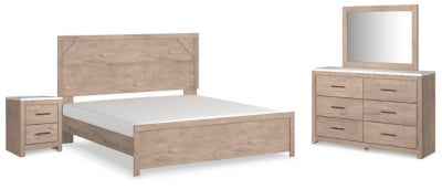 Cama Senniberg King con paneles, tocador, espejo y mesita de noche