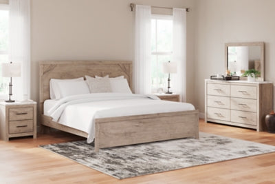 Cama Senniberg King con paneles, tocador, espejo y mesita de noche