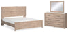 Cama Senniberg King con paneles, cómoda y espejo