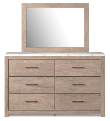Cama queen con paneles, cómoda y espejo Senniberg