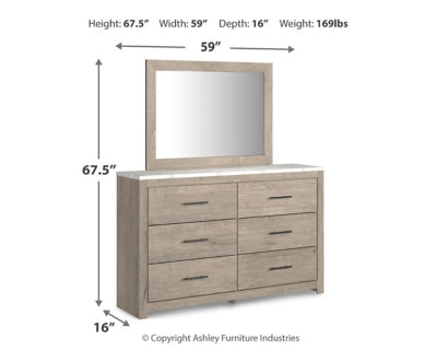 Cama queen con paneles, cómoda y espejo Senniberg
