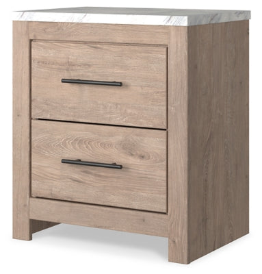 Cama Senniberg King con paneles, tocador, espejo y mesita de noche