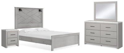 Cama Queen Cottonburg con paneles, tocador, espejo y mesita de noche