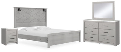 Cama King con paneles Cottonburg, tocador, espejo y mesita de noche