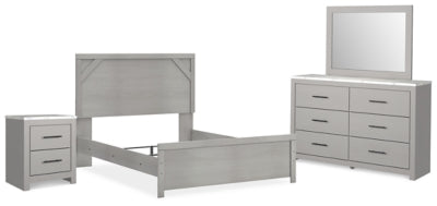 Cama Queen Cottonburg con paneles, tocador, espejo y mesita de noche