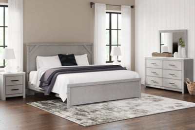 Cama King con paneles Cottonburg, tocador, espejo y mesita de noche
