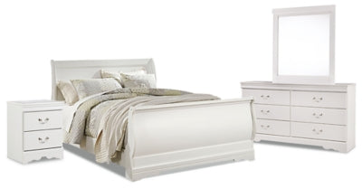 Cama Anarasia Queen tipo trineo, tocador, espejo y mesita de noche