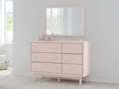 Wistenpine Twin Upholstered Panel Headboard, Dresser and Mirror