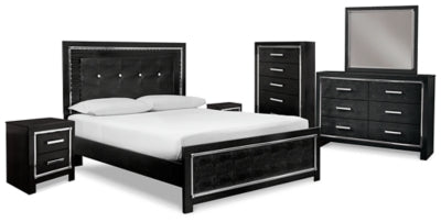 Cama Kaydell Queen con paneles tapizados, tocador, espejo, cómoda y dos mesitas de noche