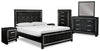 Cama Kaydell Queen con paneles tapizados, tocador, espejo, cómoda y dos mesitas de noche