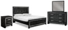 Cama tapizada tamaño queen Kaydell, tocador, espejo y mesita de noche