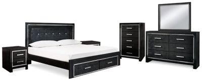 Cama tapizada Kaydell King con almacenaje, tocador, espejo, cómoda y dos mesitas de noche