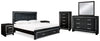 Cama tapizada Kaydell King con almacenaje, tocador, espejo, cómoda y dos mesitas de noche