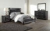 Cama Queen tapizada Kaydell con paneles, tocador y espejo