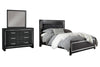 Cama Queen tapizada Kaydell con paneles, tocador y espejo