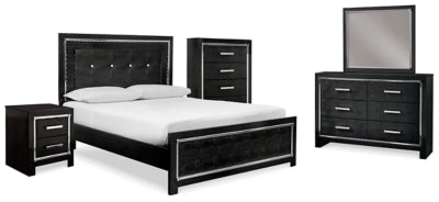 Cama tamaño queen Kaydell con paneles, tocador, espejo, cómoda y mesita de noche