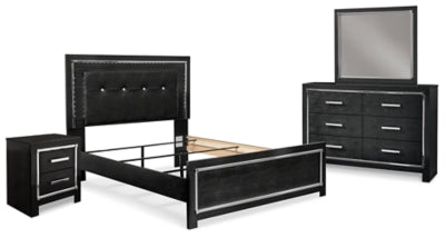 Cama tapizada tamaño queen Kaydell, tocador, espejo y mesita de noche