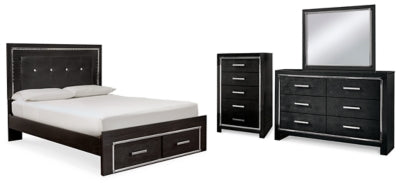 Cama Queen tapizada Kaydell con paneles, tocador, espejo y cómoda