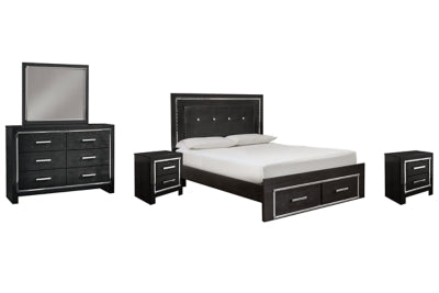 Cama Kaydell Queen con paneles tapizados, almacenaje, tocador, espejo y dos mesitas de noche
