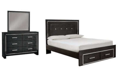 Cama Kaydell Queen con paneles, espacio de almacenamiento, tocador y espejo