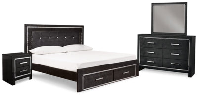 Cama tapizada Kaydell King con paneles, tocador, espejo y mesita de noche