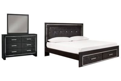Cama Kaydell King con paneles, espacio de almacenamiento, tocador y espejo