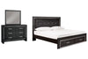 Cama Kaydell King con paneles, espacio de almacenamiento, tocador y espejo