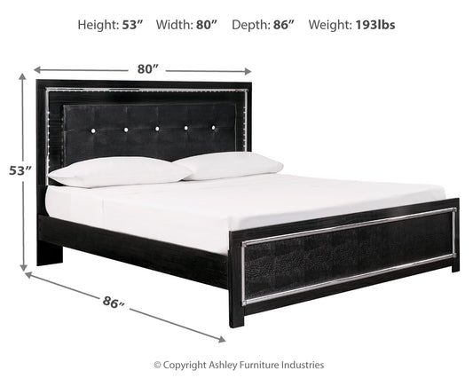 Cama tapizada Kaydell King con paneles, tocador y espejo