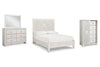 Cama Paxberry con paneles completos, tocador, espejo y cómoda