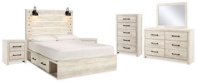 Cama Queen Cambeck con almacenamiento, tocador, espejo, dos cómodas y dos mesitas de noche