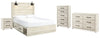 Cama Queen Cambeck con paneles, espacio de almacenamiento, cómoda, arcón y mesita de noche