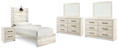 Cama doble Cambeck con dos paneles, dos cómodas, dos espejos y dos mesitas de noche