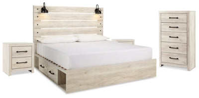 Cama King Cambeck con paneles, espacio de almacenamiento, cómoda y dos mesitas de noche
