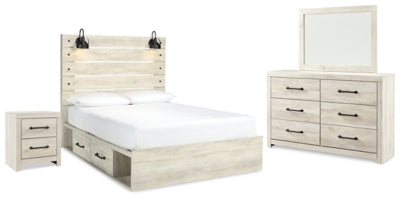 Cama Queen Cambeck con paneles, espacio de almacenamiento, tocador, espejo y mesita de noche
