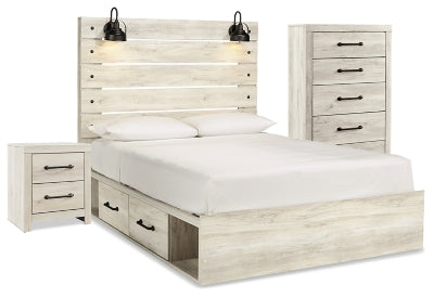 Cama Queen Cambeck con paneles, espacio de almacenamiento, cómoda y mesita de noche
