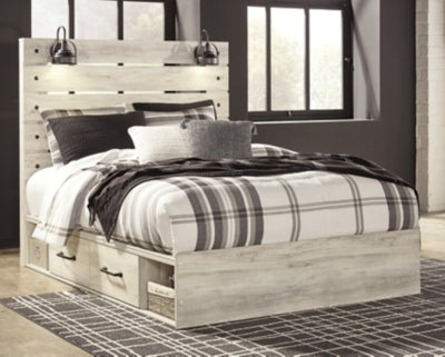 Cama Queen Cambeck con paneles, espacio de almacenamiento, cómoda y dos mesitas de noche