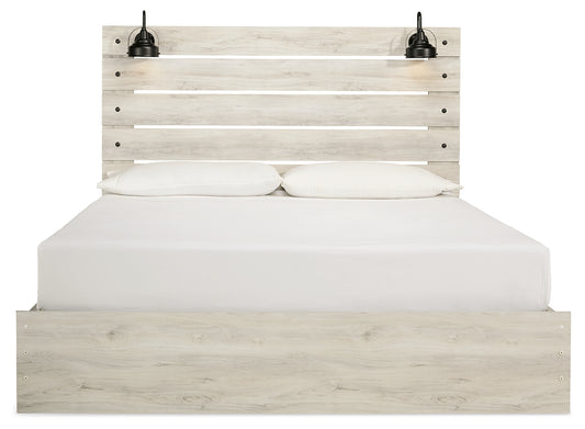Cama King Cambeck con paneles, espacio de almacenamiento, cómoda y dos mesitas de noche