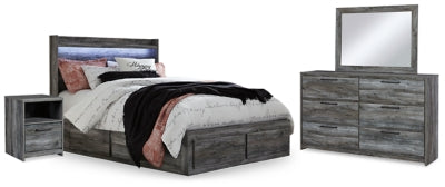 Cama Queen Baystorm con dos compartimentos laterales, tocador, espejo y mesita de noche