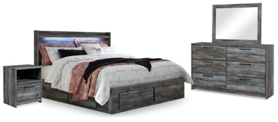 Cama Baystorm King con paneles, espacio de almacenamiento, tocador, espejo y dos mesitas de noche