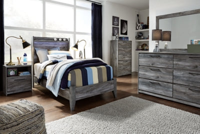 Cama individual con paneles, cómoda y mesita de noche Baystorm