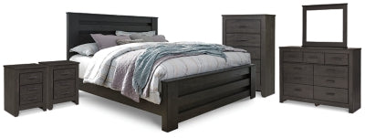 Cama King Brinxton con paneles, espejo, cómoda y dos mesitas de noche
