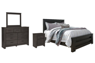 Cama Queen Brinxton con paneles, tocador, espejo y mesita de noche
